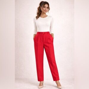 Escada Vintage High Waist Wool Trousers Red Pleated Designer 36